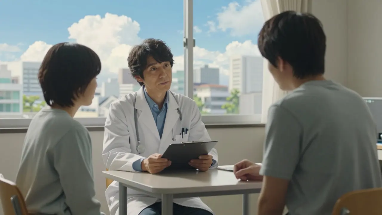 明るいクリニックで医師が患者にジェネリック切替について説明している様子