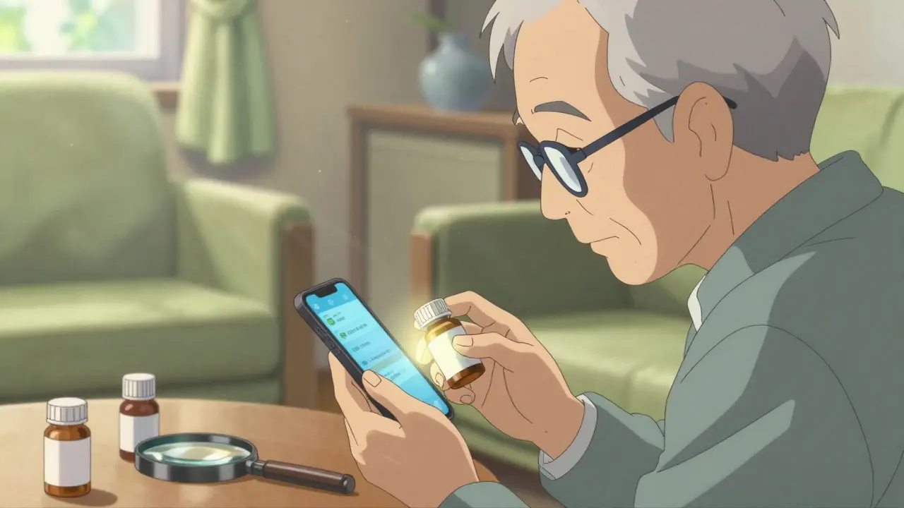スマートフォンで薬のラベルを拡大して確認する高齢者
