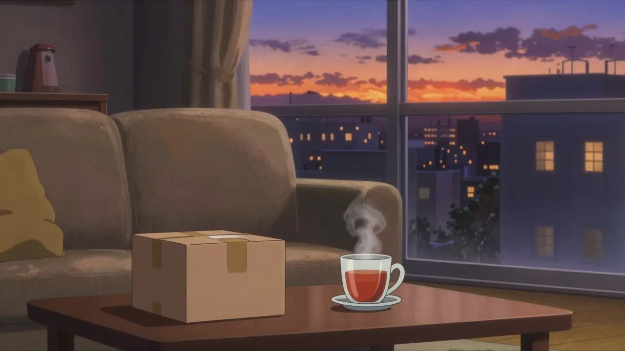 夕暮れ時のリビングで、自宅配送届いた医薬品の箱と紅茶が置かれた安心感のある風景