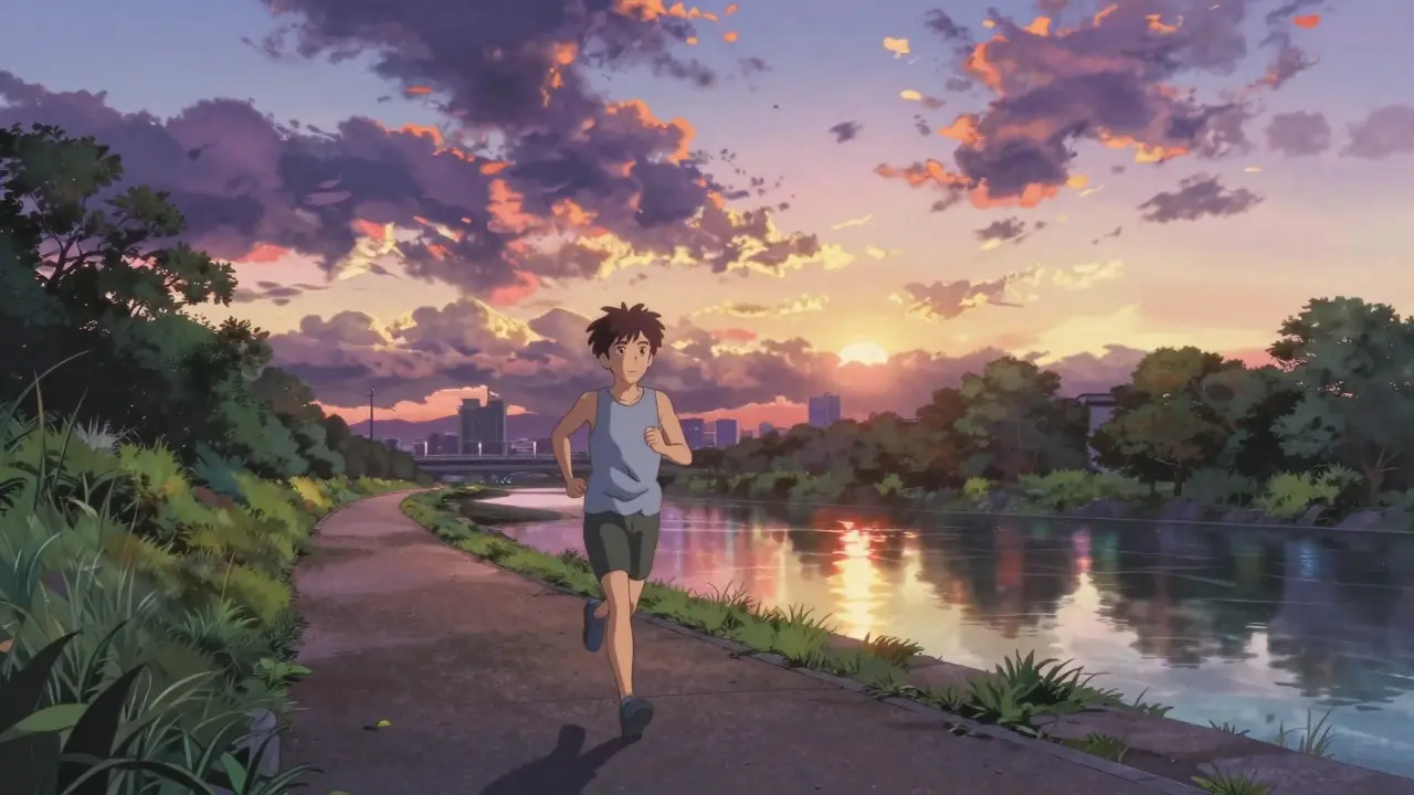 夕暮れの川沿いを走る人物と美しい空
